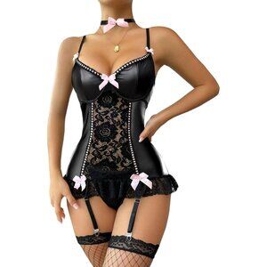 Sexy Floral Lace Garter Belt Babydoll Corset Push Up Pu Black Lingerie Set